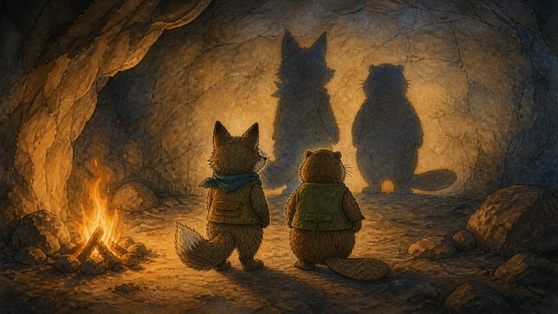 Dos personajes miran sus sombras en la pared de una caverna