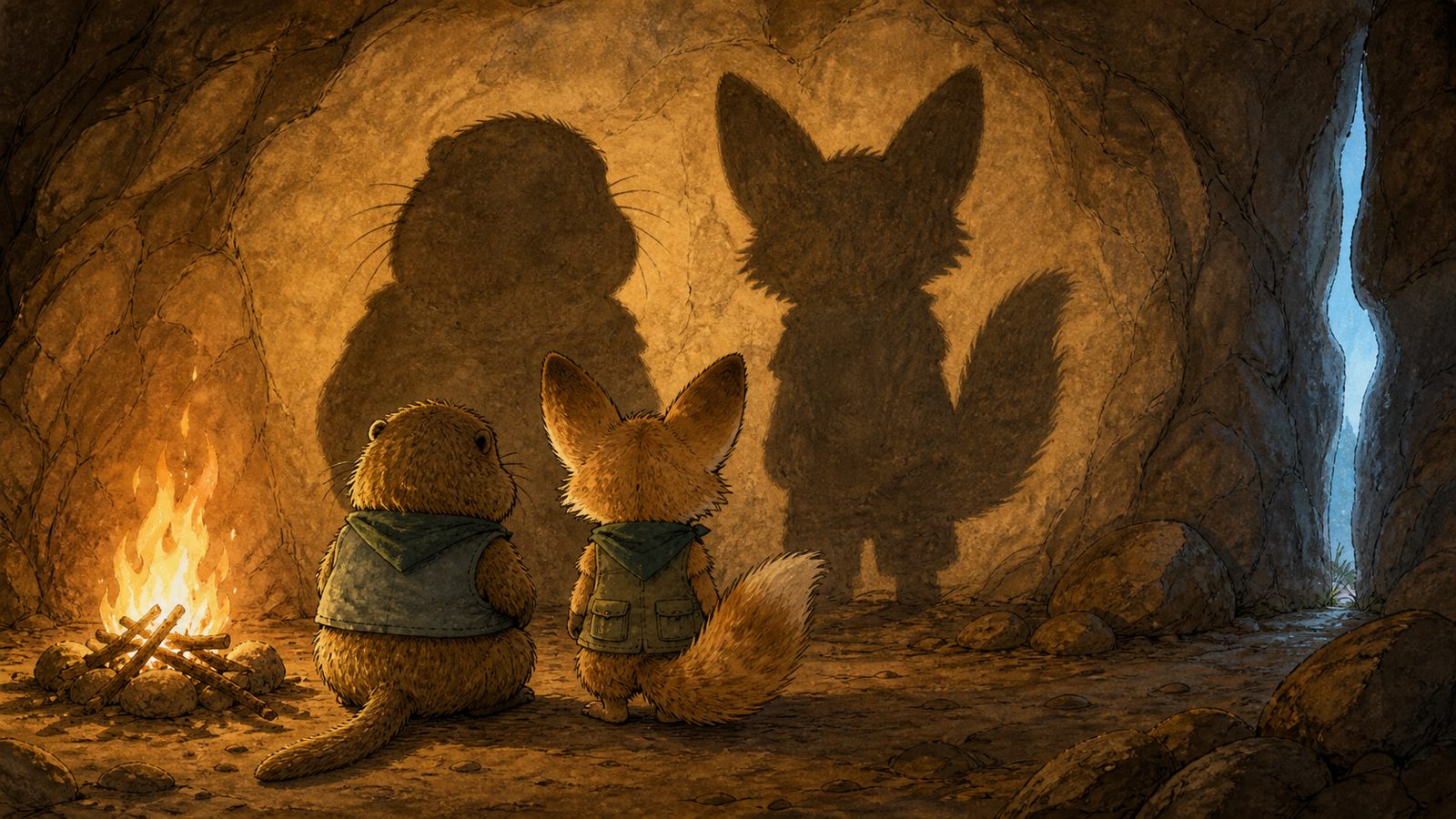 Bruno y Darío miran sus sombras proyectadas en la pared de una caverna, iluminados por una fogata