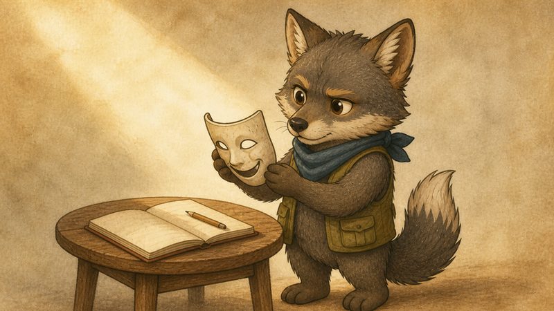 Darío observa una máscara de teatro sobre la mesa