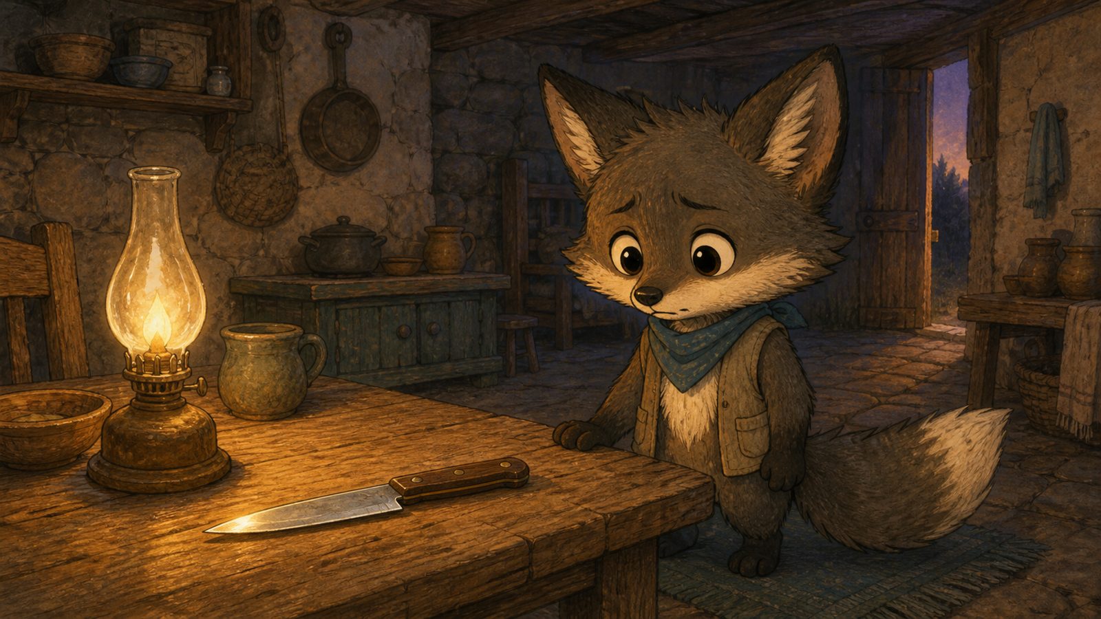 Darío mira un cuchillo de cocina sobre la mesa, iluminado por una lámpara de aceite